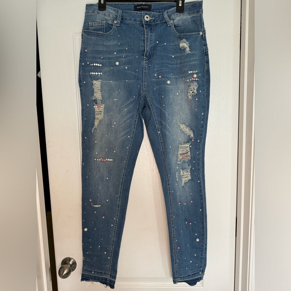 Ashley Stewart Distressed, Beaded and Rhinestone Denim Pants - Size 14